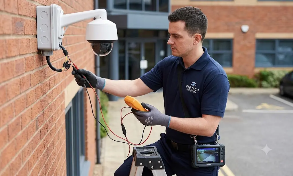 Eye Tech Securities technician diagnosing wiring issues on a dome CCTV camera