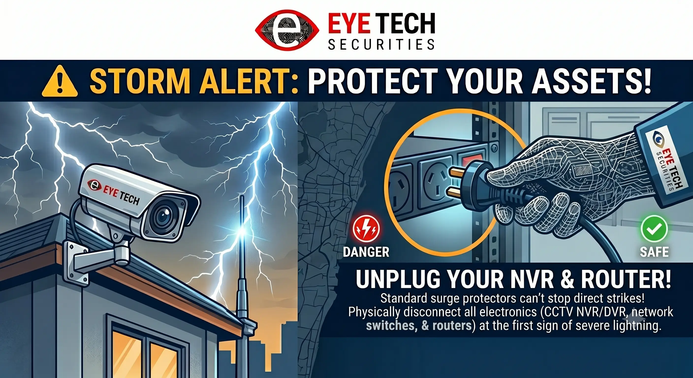 Infographic showing lightning strike on outdoor security camera and technical hands-on demonstration of unplugging a power cord safely