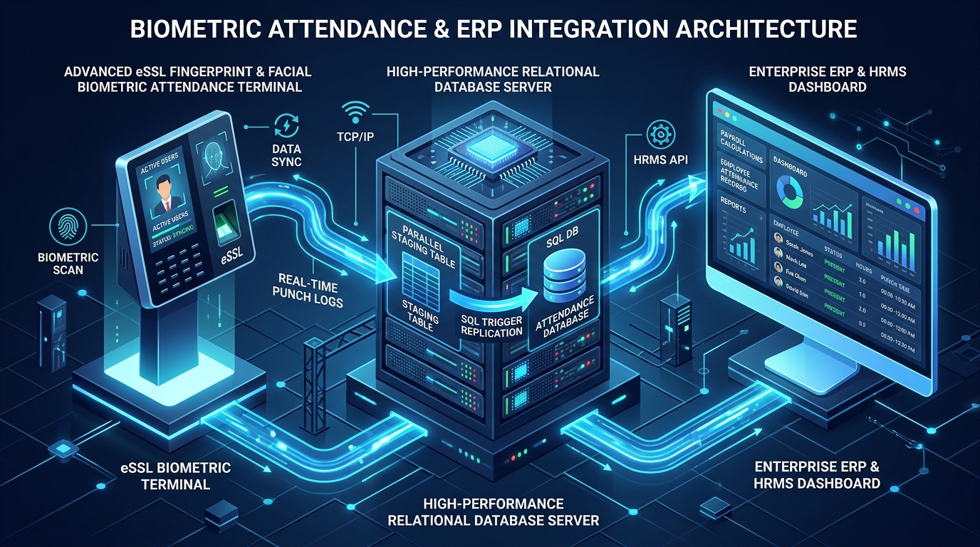 eSSL Biometric Attendance and ERP Parallel Database Integration Architecture Diagram