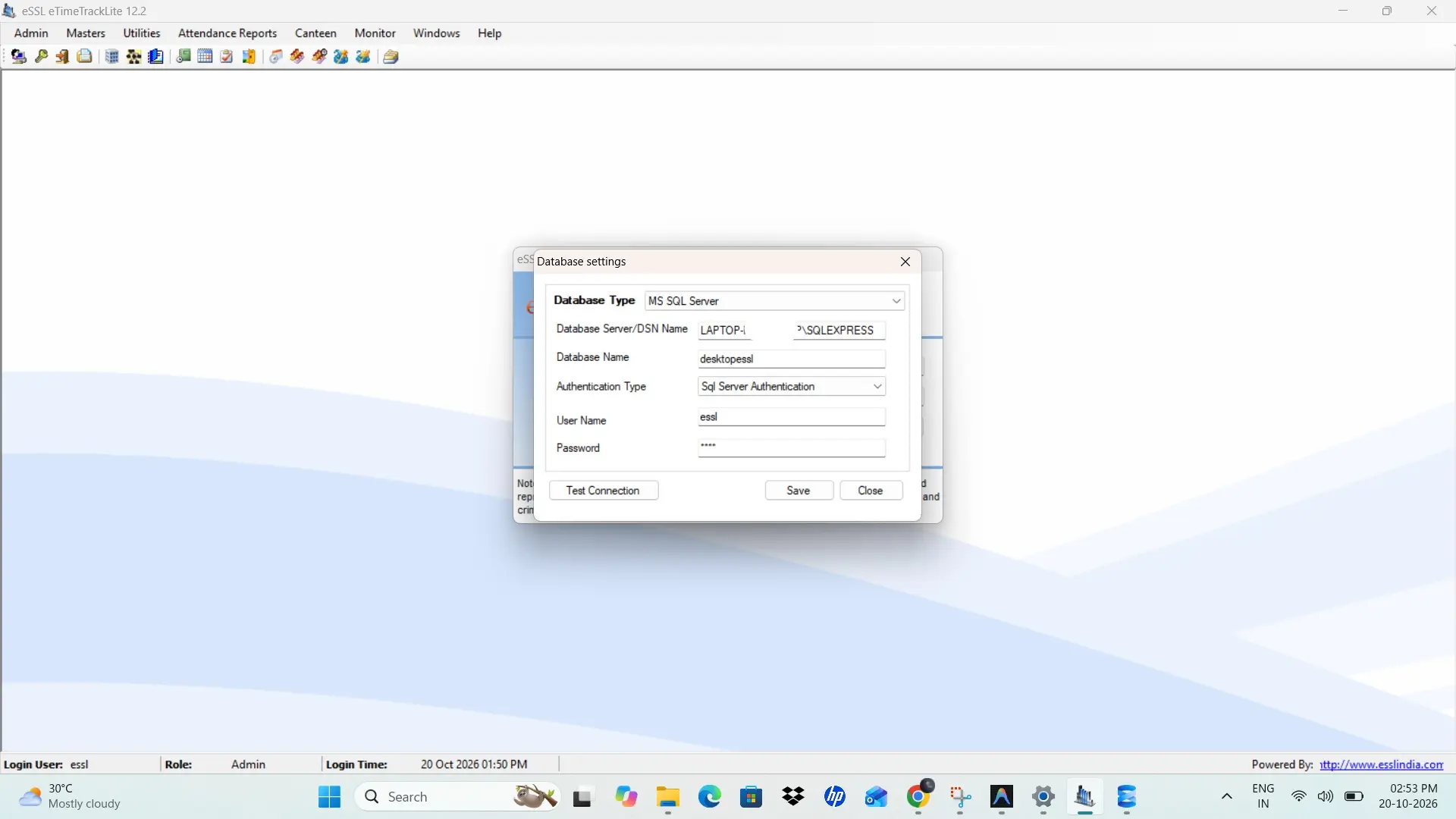 eSSL eTimeTrackLite Desktop 12.2 Database settings MS SQL Server configuration window