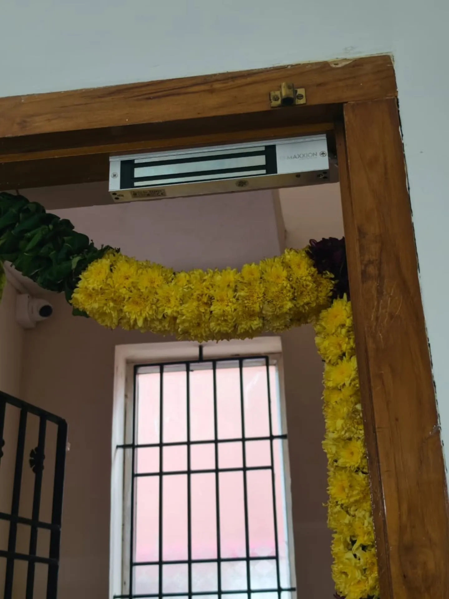 ​A heavy-duty Maxxion electromagnetic door lock securely mounted to the top of a wooden office entrance frame dressed with traditional garlands.